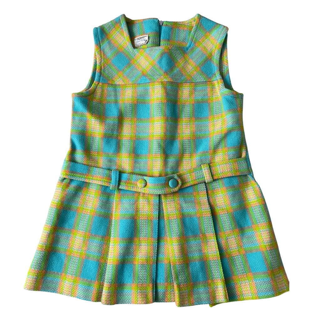 Carol Evans JCPenney Dress Girls Size 6 Blue Plaid Vintage Sleeveless Pleated